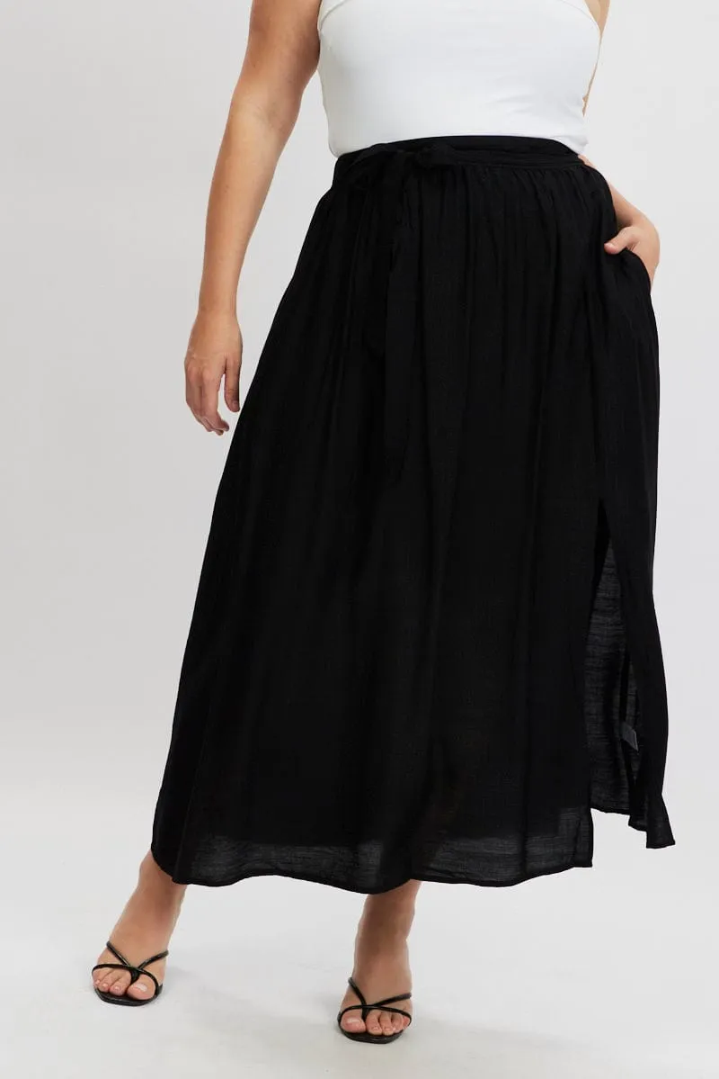 Animal Print Minimal Touch Black Tie Waist Split Side Maxi Skirt