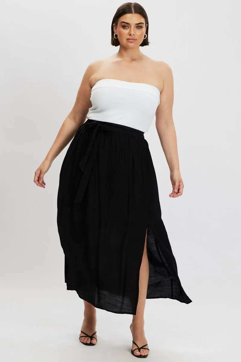 Lightweight texture Tonal Look Black Tie Waist Split Side Maxi Skirt