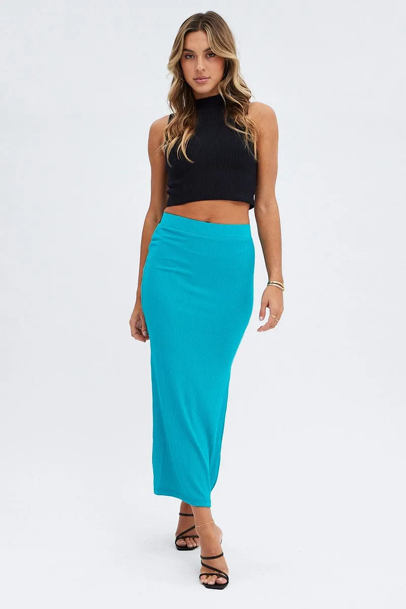 High Density Weave Green Midi Skirt High Rise Ribbed Jersey