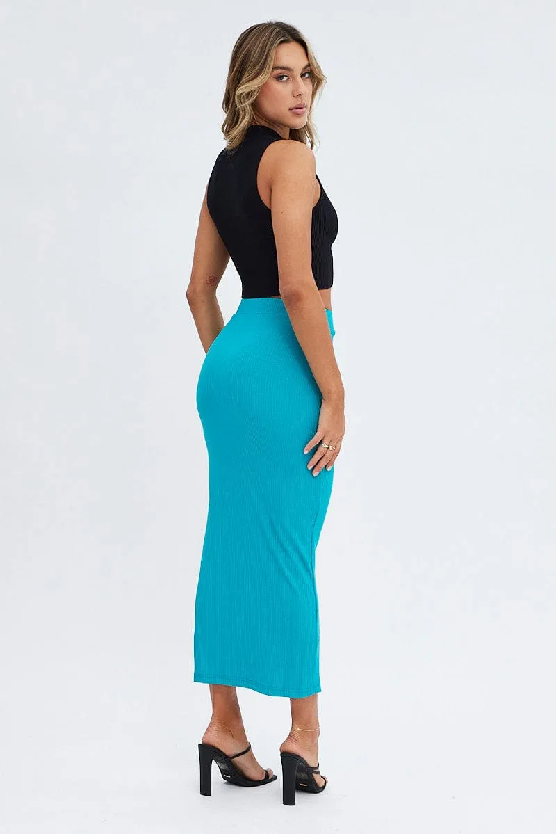 Floor Length Reinforced Pockets Green Midi Skirt High Rise Ribbed Jersey