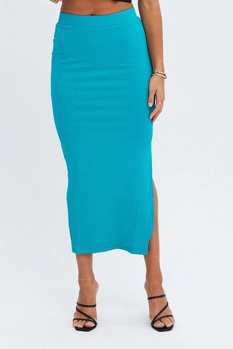 Jewel Tones Green Midi Skirt High Rise Ribbed Jersey