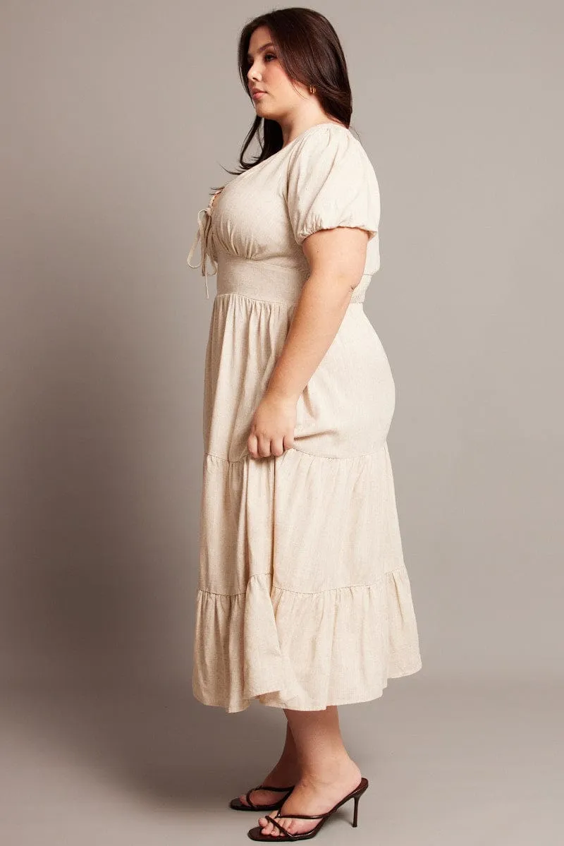 Bead Shine Office Wear Beige Midi Dress Short Sleeve Linen Blend