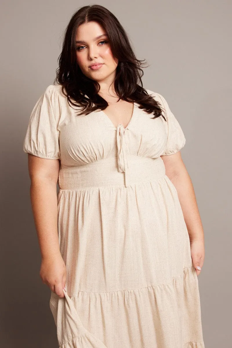 All-Season Style Fashion Forward Beige Midi Dress Short Sleeve Linen Blend