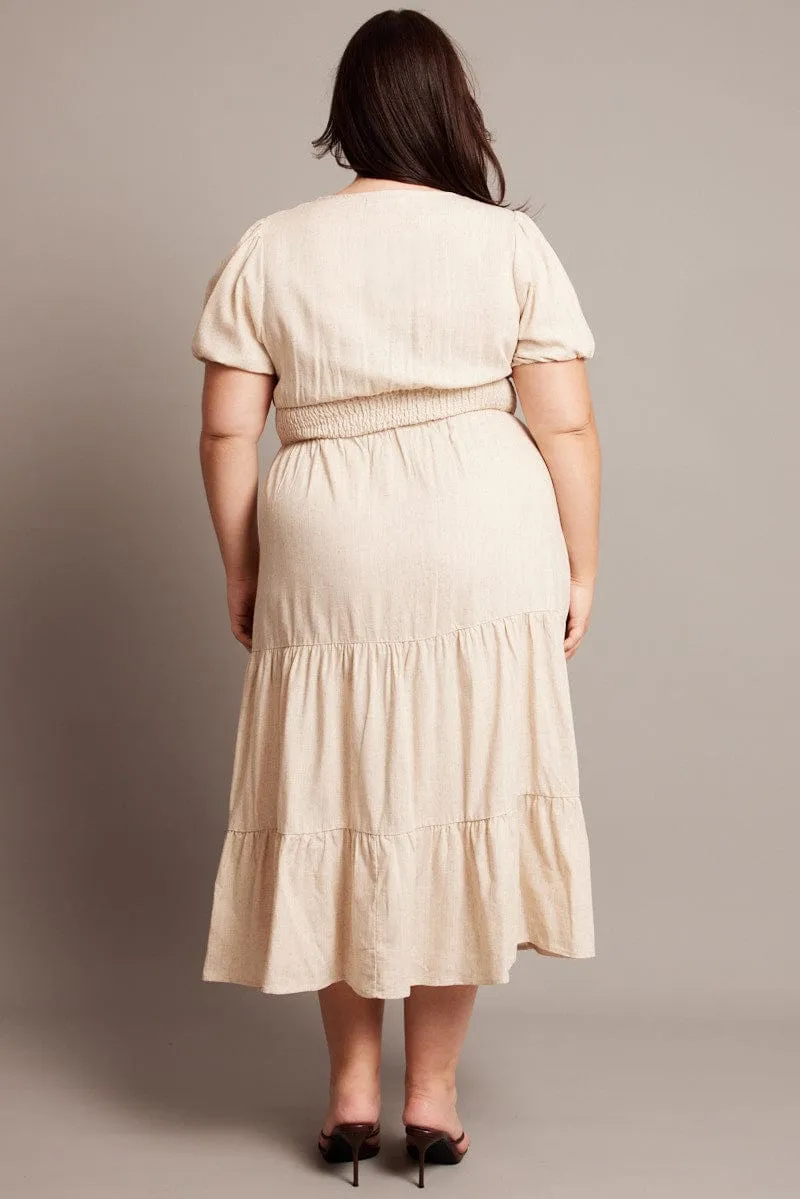 Beige Midi Dress Short Sleeve Linen Blend Chic Choices old town