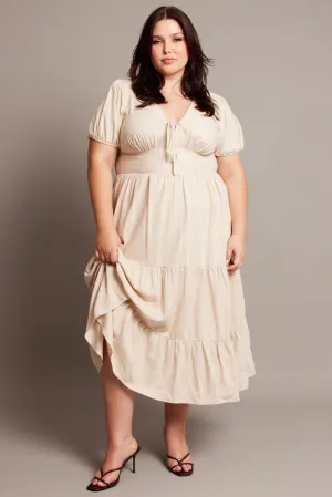 Casual Yet Chic Style Easy Beige Midi Dress Short Sleeve Linen Blend