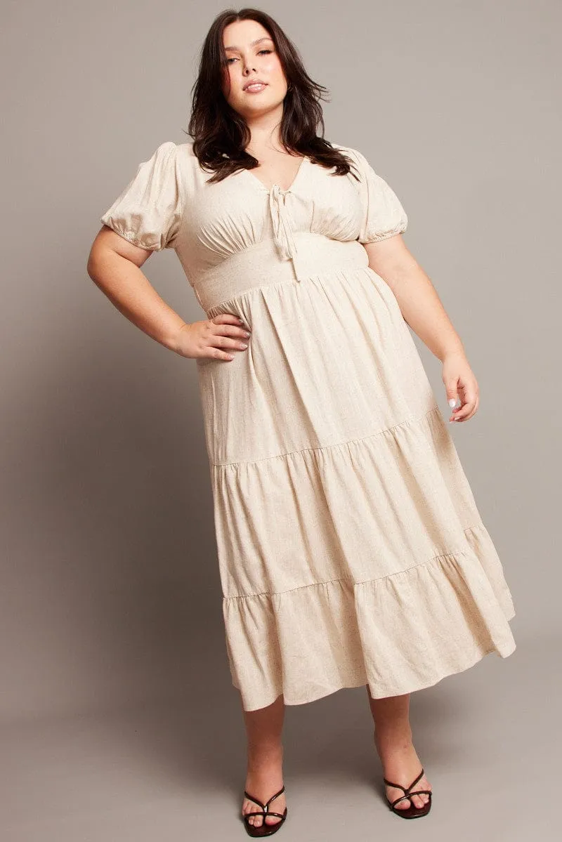 Dreamy Feel Bohemian-inspired midi Beige Midi Dress Short Sleeve Linen Blend