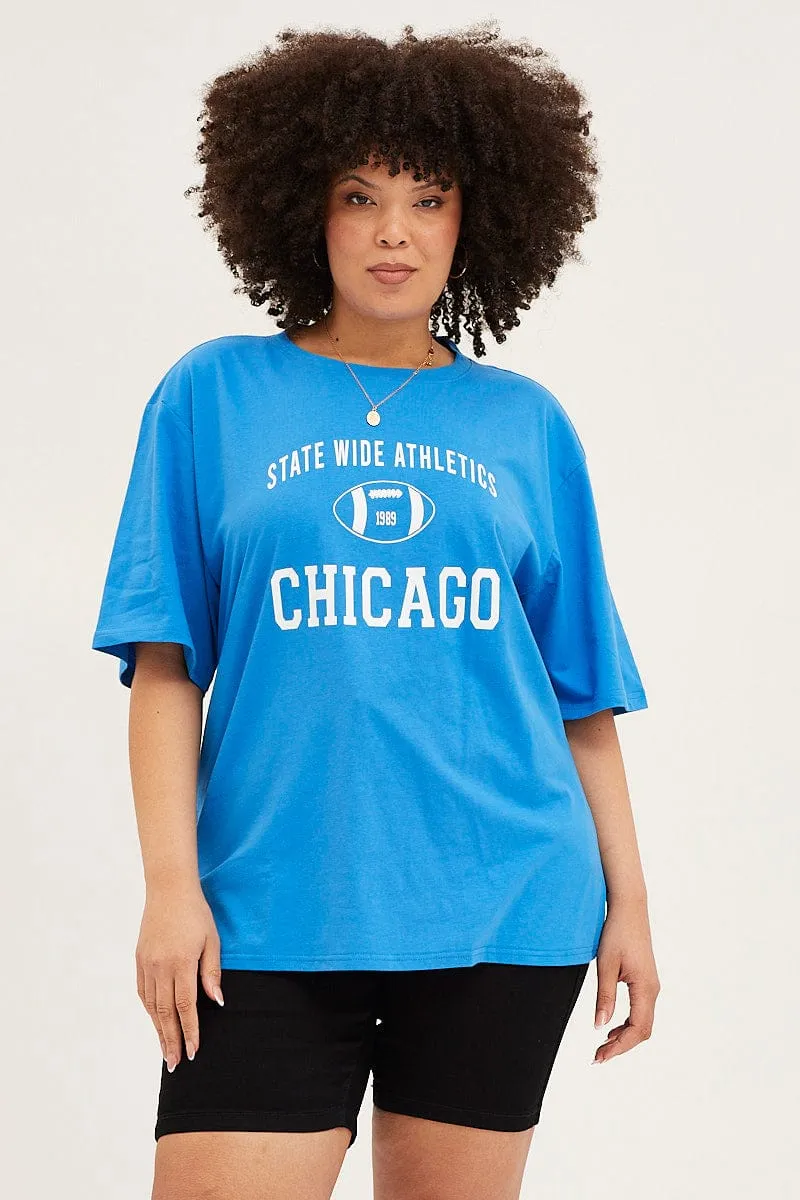 Blue Crew Neck Short Sleeve Oversized Graphic T-shirt AntiPilling Treatment