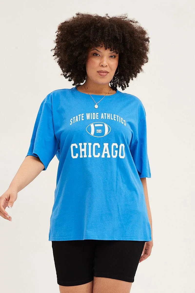 regular but not boring Blue Crew Neck Short Sleeve Oversized Graphic T-shirt