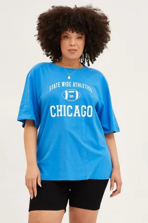 Blue Crew Neck Short Sleeve Oversized Graphic T-shirt AntiPilling Treatment