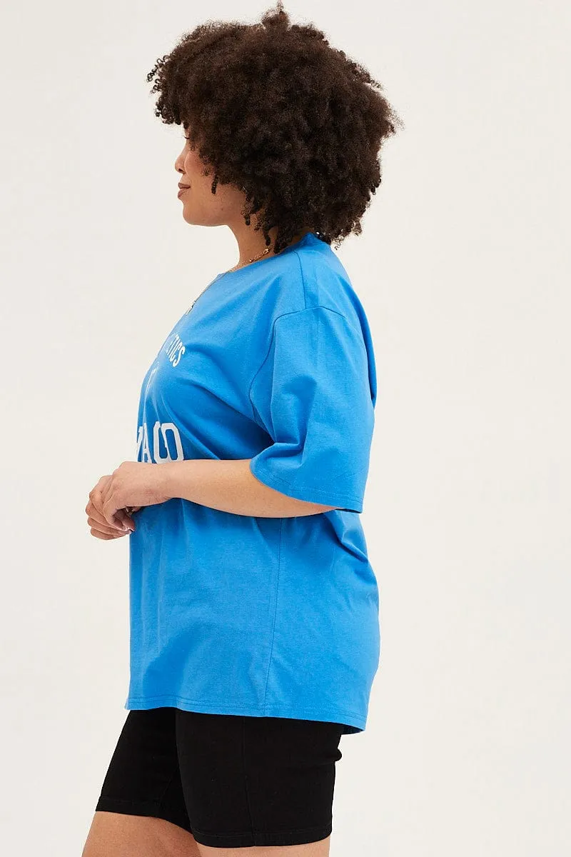 Bohemian Blue Crew Neck Short Sleeve Oversized Graphic T-shirt