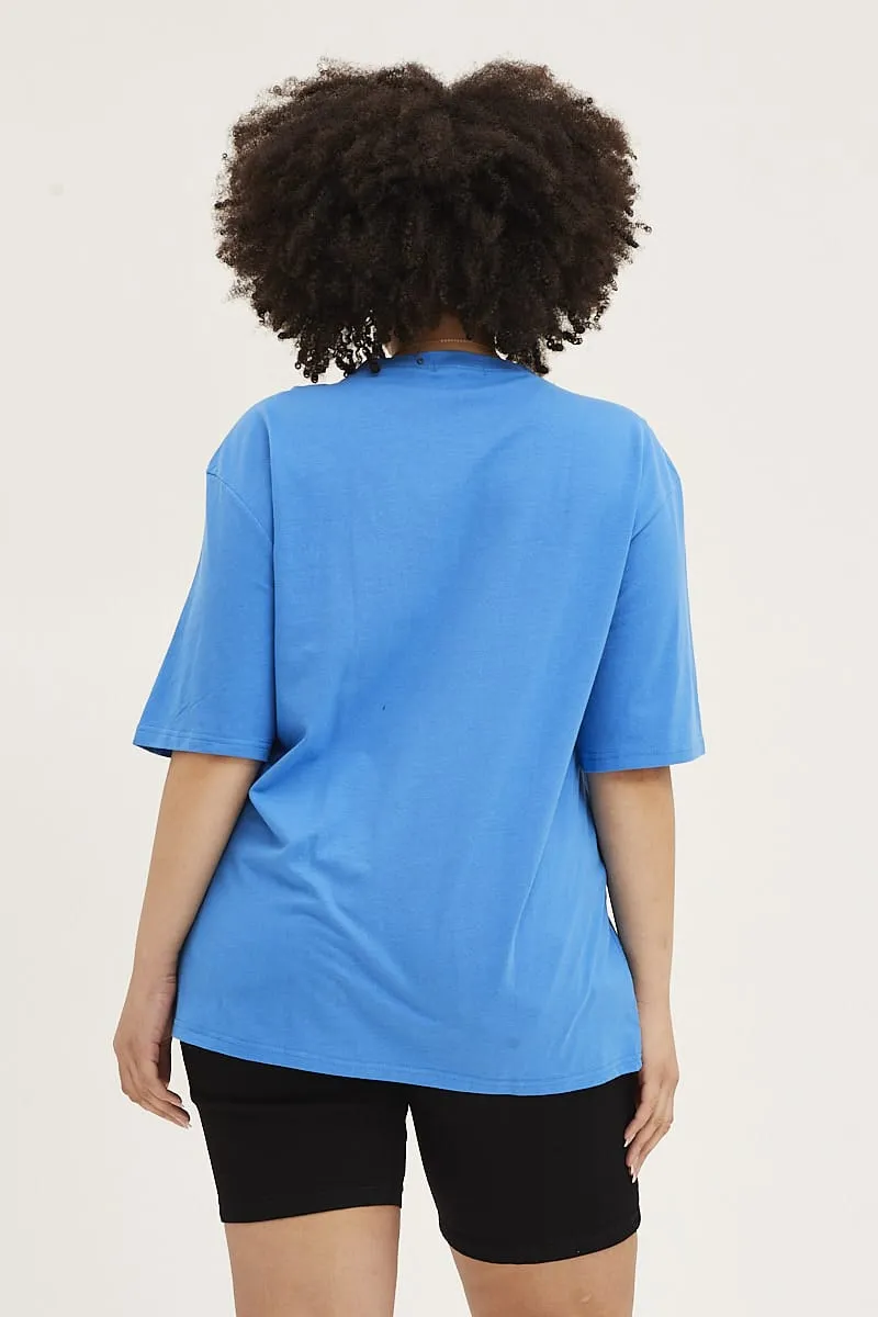 Modern Layering Blue Crew Neck Short Sleeve Oversized Graphic T-shirt