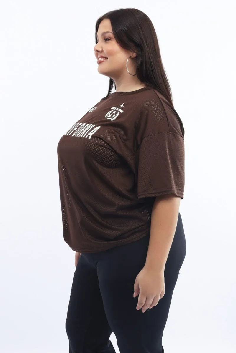 Brown Graphic T Shirt Short Sleeve Crew Neck Seam Free Shoulders Everyday Top