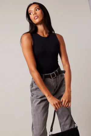 ReflectiveTrimDetails Black Bodysuit Sleeveless Crew Neck Seamless
