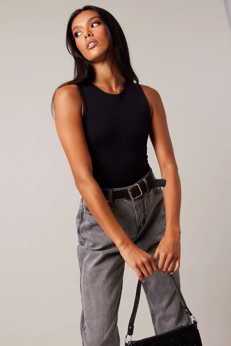 ReflectiveTrimDetails Black Bodysuit Sleeveless Crew Neck Seamless