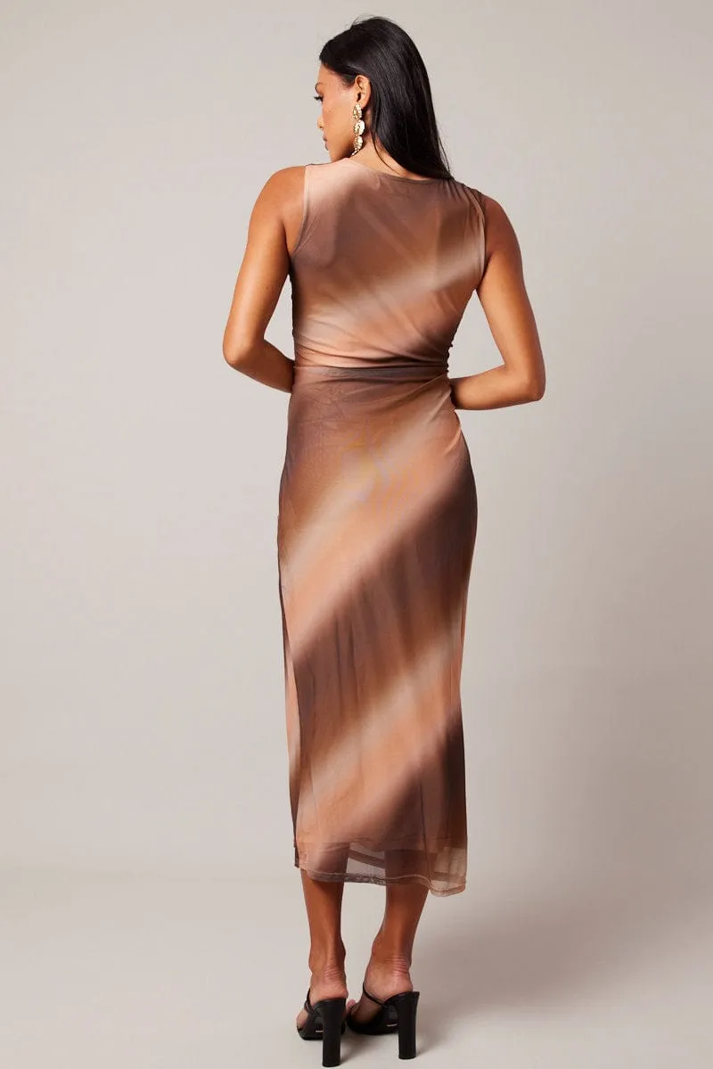 UVProtection Breathable Lining Brown Abstract Bodycon Dress Round Neck Sleeveless Mesh