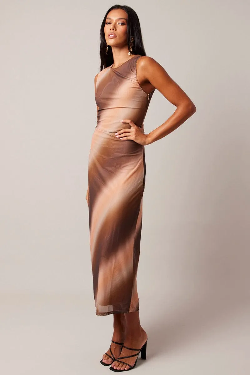 Lounge Gear Urban Pulse Brown Abstract Bodycon Dress Round Neck Sleeveless Mesh