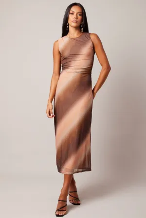 Family Style Street Style Brown Abstract Bodycon Dress Round Neck Sleeveless Mesh