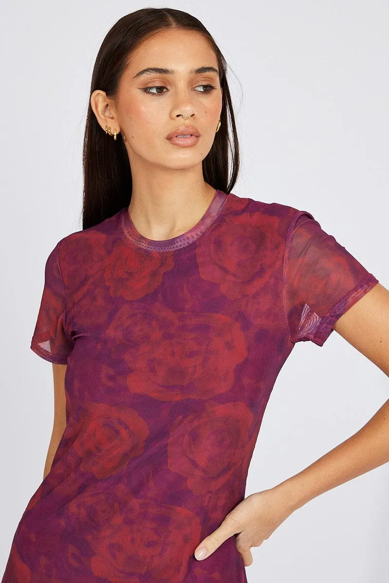 Red Floral Maxi Dress Short Sleeve Crew Neck Bodycon Mesh Shell Shine