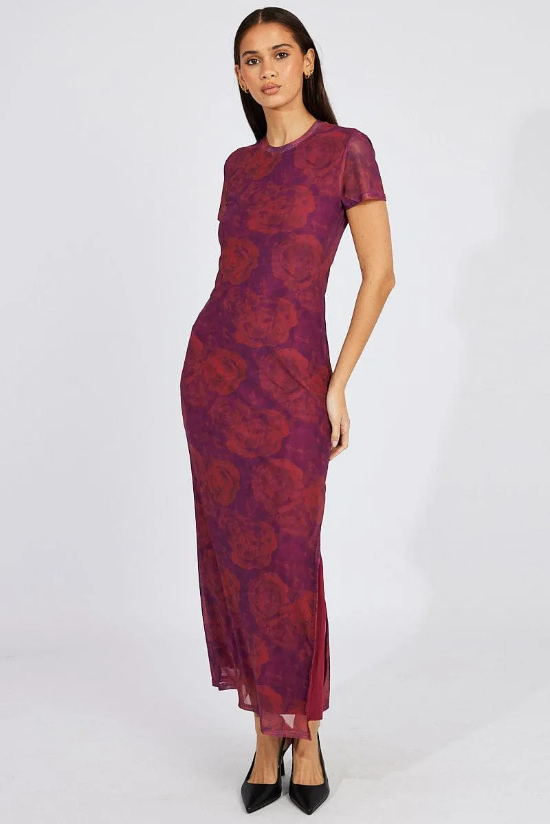 Red Floral Maxi Dress Short Sleeve Crew Neck Bodycon Mesh Full-length elegant piece