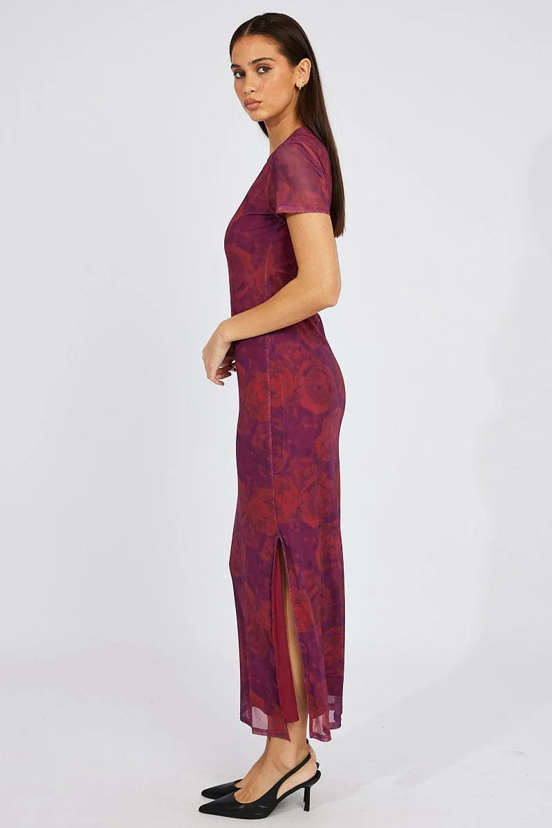 Red Floral Maxi Dress Short Sleeve Crew Neck Bodycon Mesh Canal Side Square View