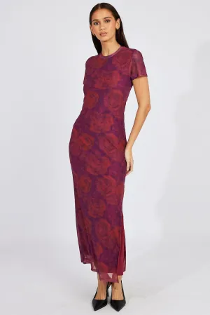 Red Floral Maxi Dress Short Sleeve Crew Neck Bodycon Mesh Full-length elegant piece