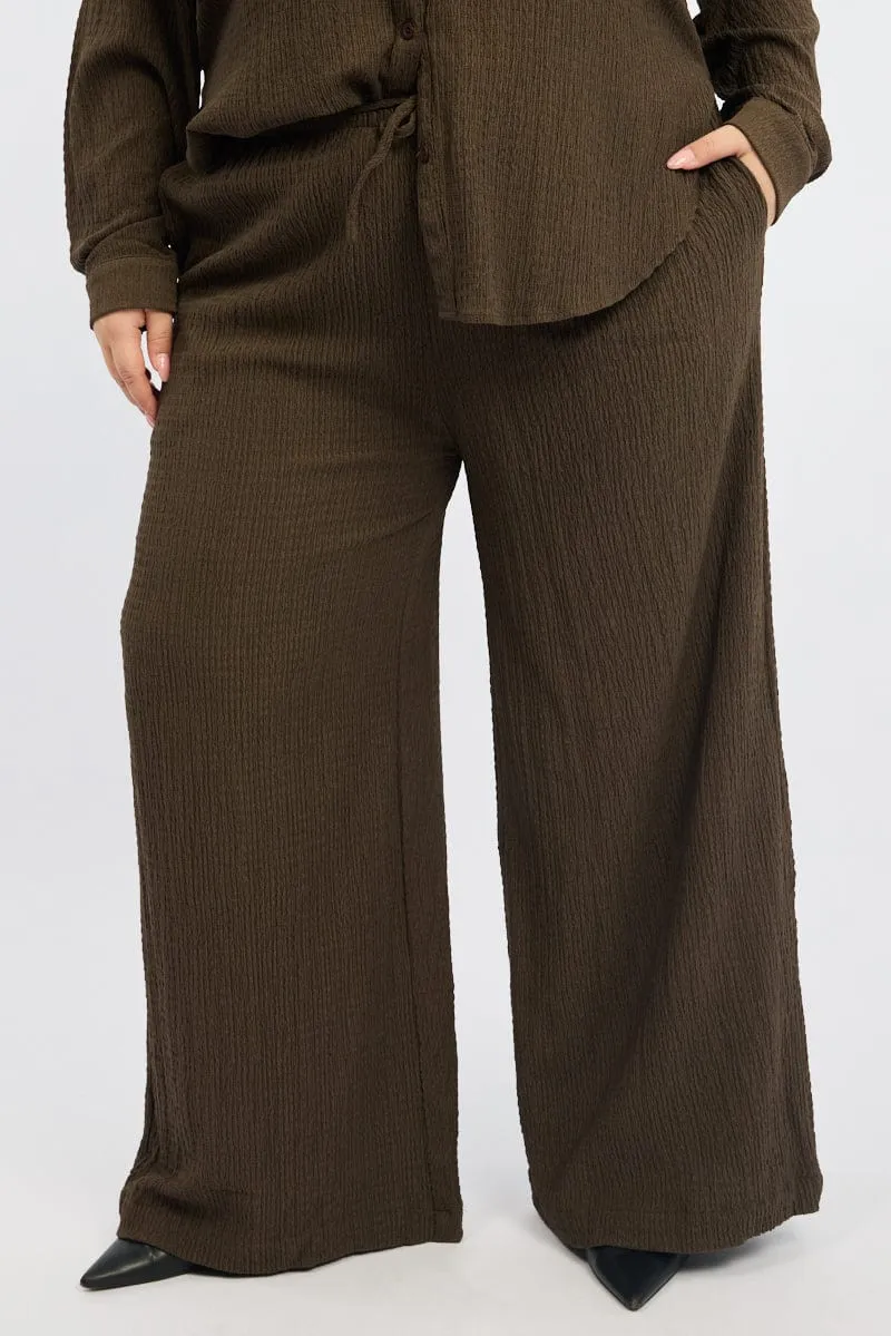 Brown Textured Elastic Waist Wide Leg Pants Recyclable Fabric Blend Tapered Look