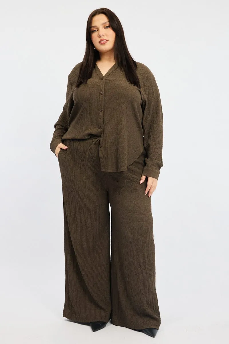 Everyday Wear Feminine Cut Brown Textured Elastic Waist Wide Leg Pants