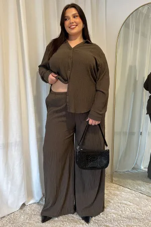 Quick Conversion Hem Eco Friendly Fabric Brown Textured Elastic Waist Wide Leg Pants