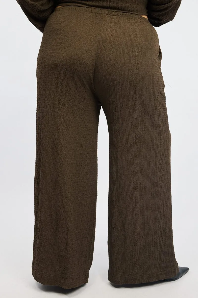 Cuffed hem Anti Slip Waistband Brown Textured Elastic Waist Wide Leg Pants