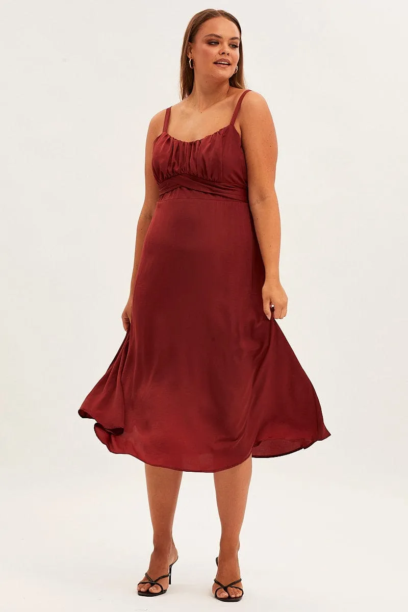 Red Midi Dress Shoestring Strap Tie Back Satin Sophisticated mid-calf gown
