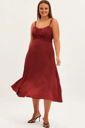 Parisian Touch Red Midi Dress Shoestring Strap Tie Back Satin
