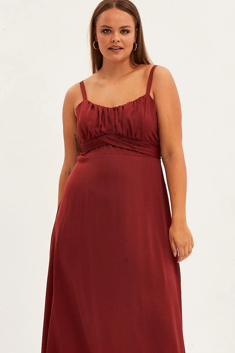 Red Midi Dress Shoestring Strap Tie Back Satin Spring Tone Comfortable formal midi