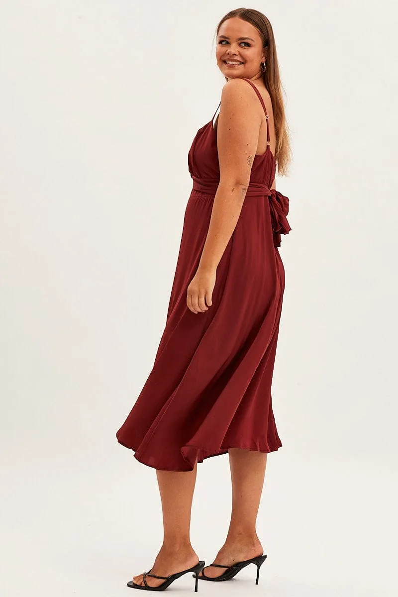 Platinum Shine Gem Shine Red Midi Dress Shoestring Strap Tie Back Satin