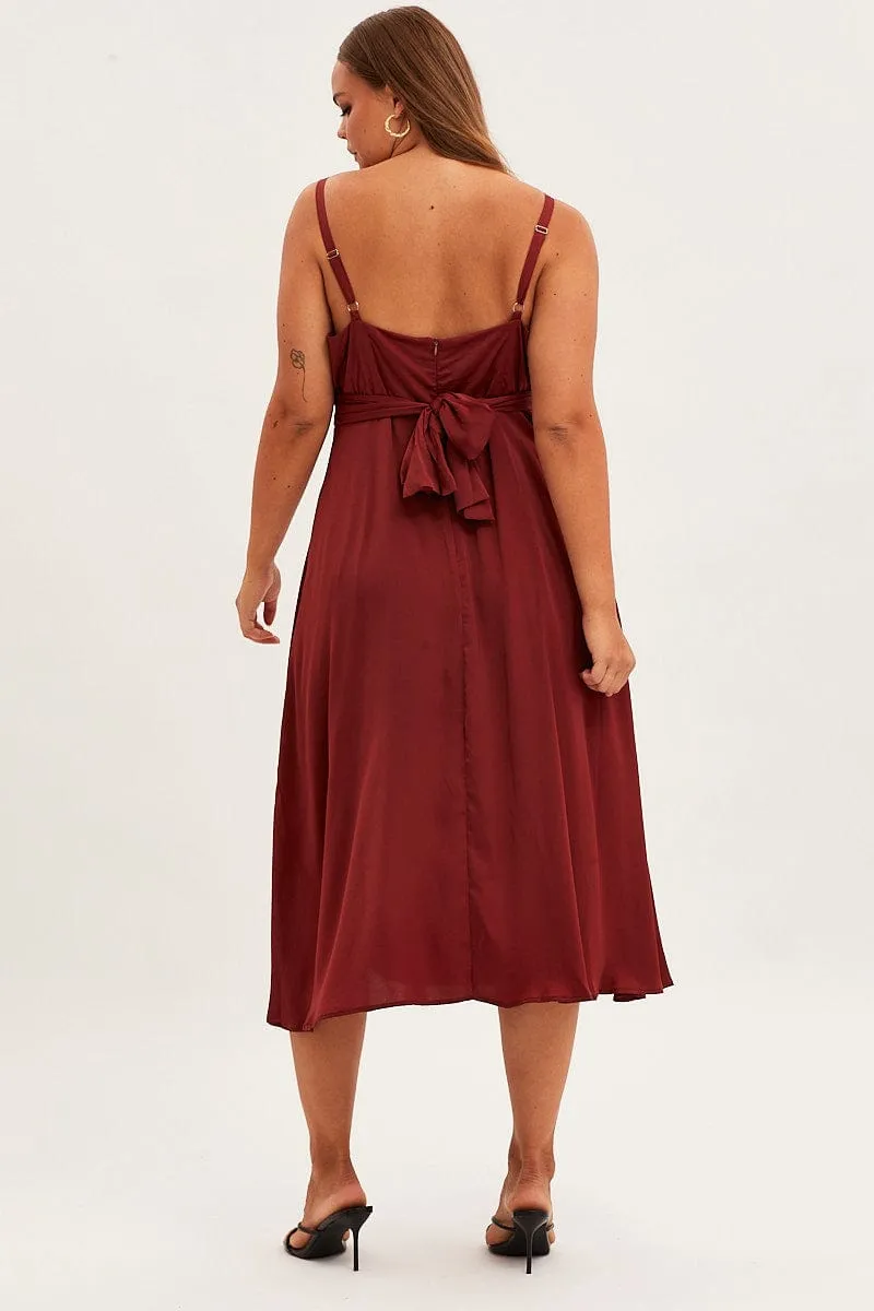 Red Midi Dress Shoestring Strap Tie Back Satin Tea Garden Gala Ready