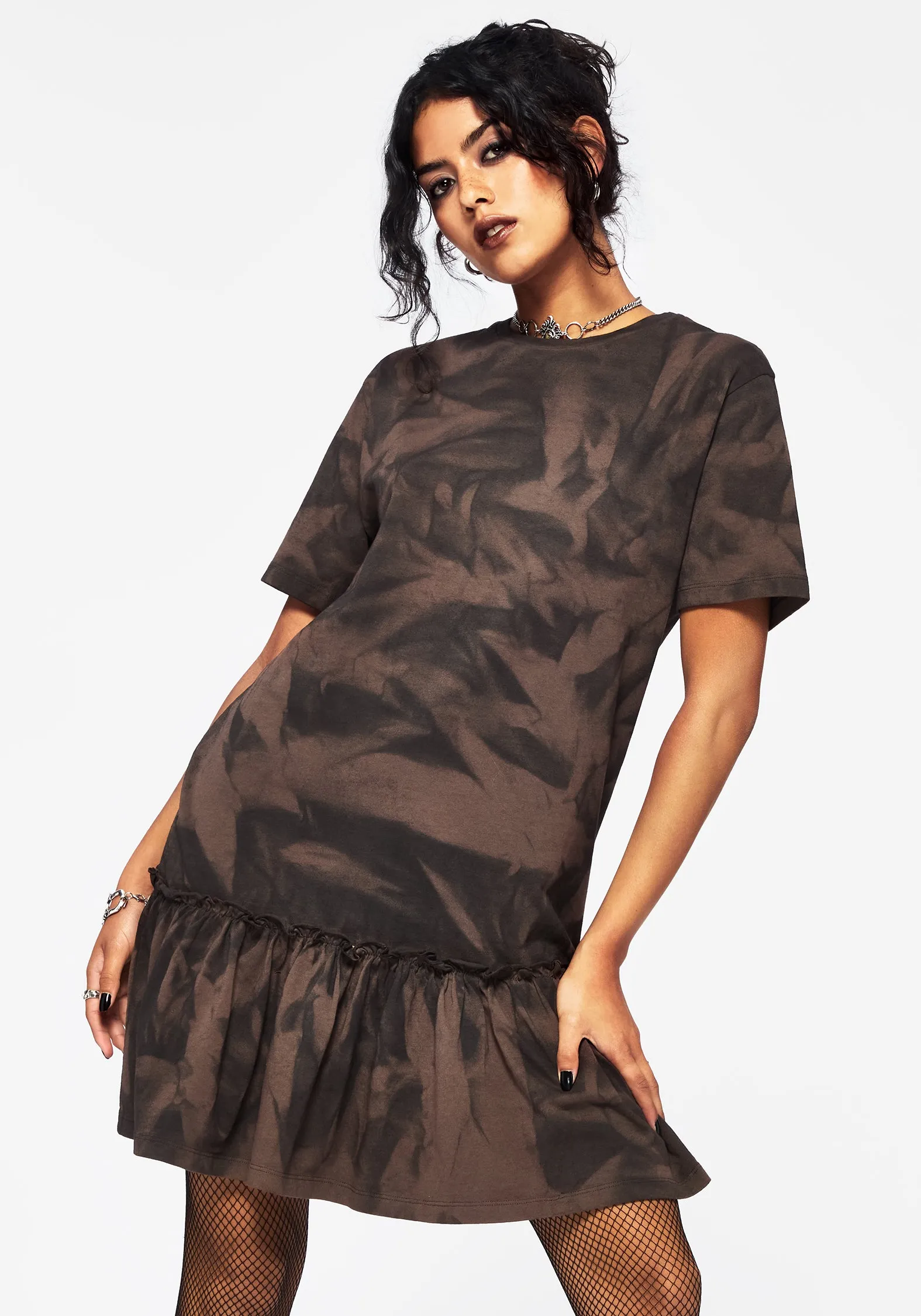Light Fresh Mugwort Cotton Ombre Jersey Frill Hem Mini Dress