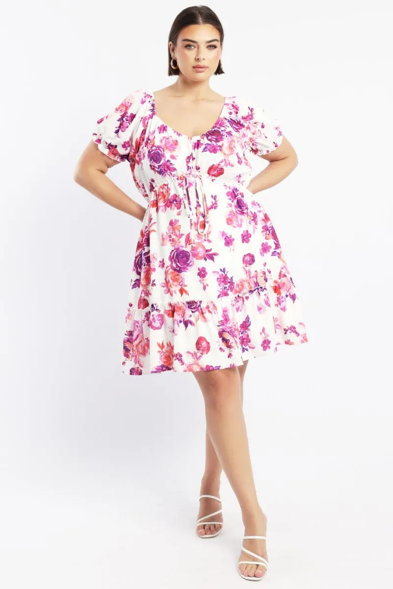 Relaxed mini for events Fun statement mini Pink Floral Frill Drawstring Bust Detail Mini Dress