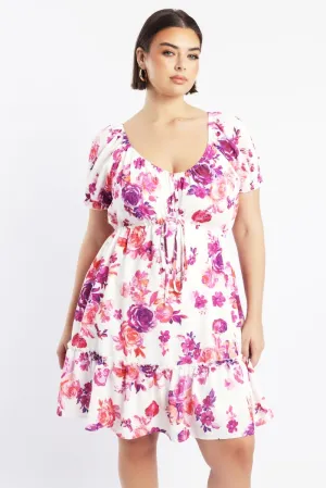 Pink Floral Frill Drawstring Bust Detail Mini Dress City Beat
