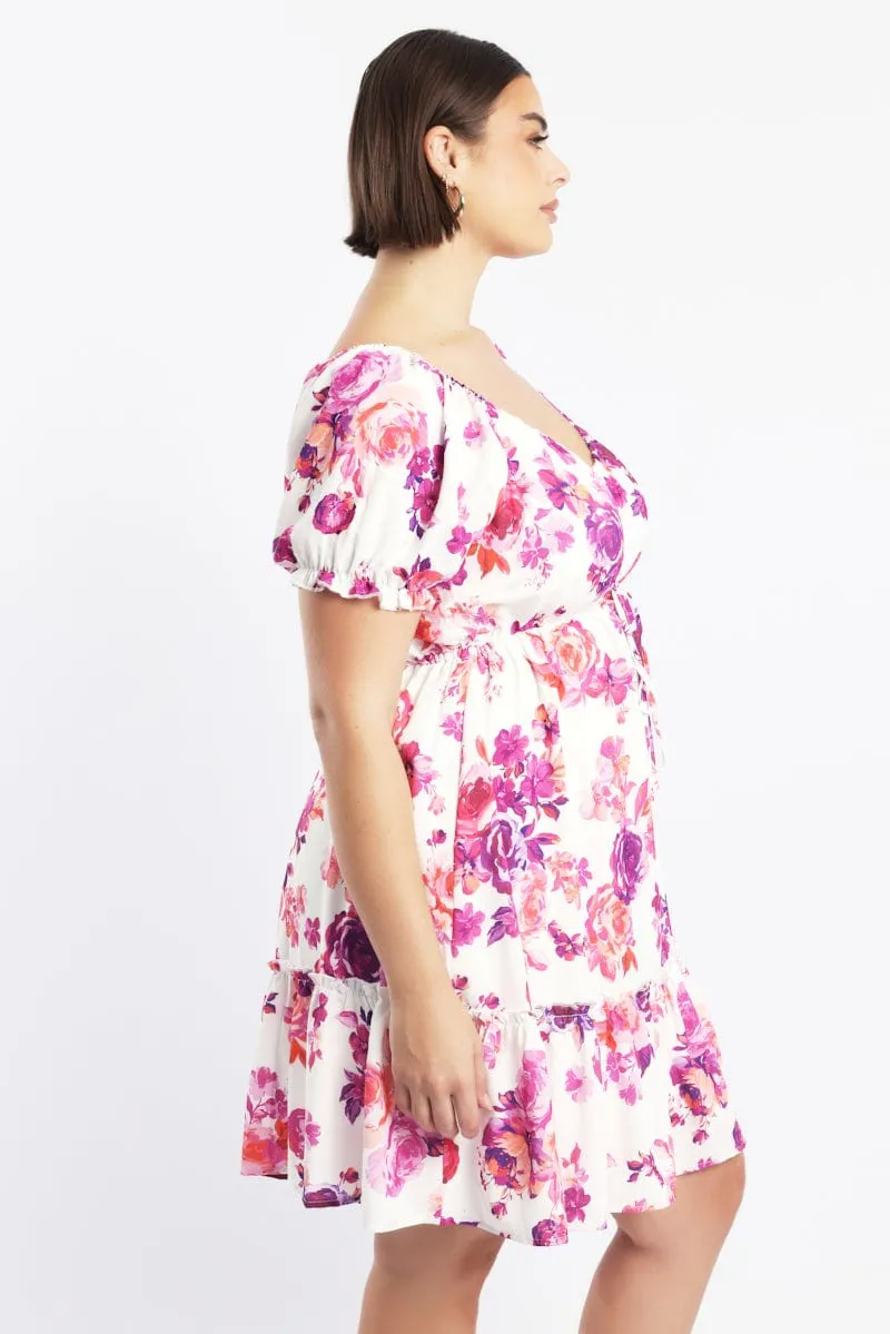 Party Edge Self Spice Pink Floral Frill Drawstring Bust Detail Mini Dress