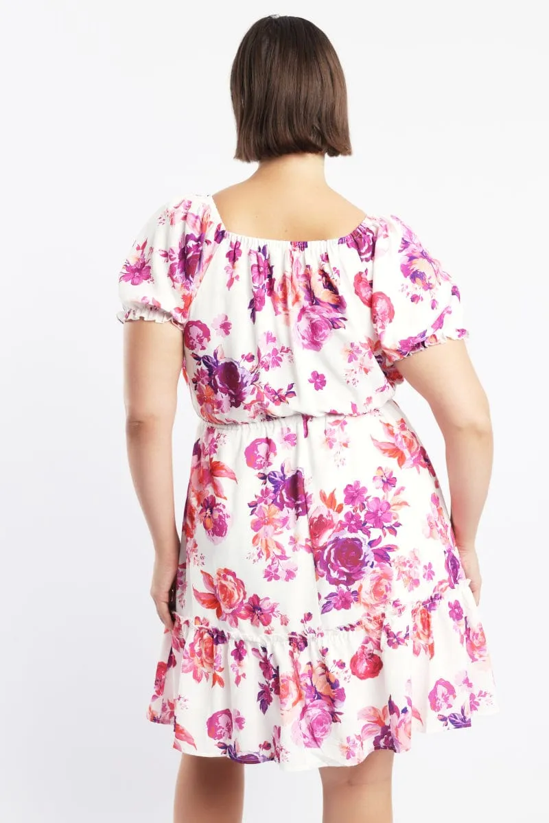 Daring Mode Pink Floral Frill Drawstring Bust Detail Mini Dress