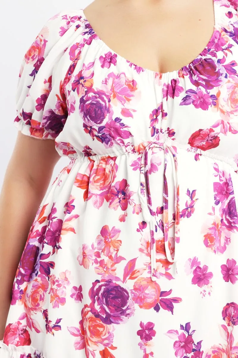 Effortless Wear Pink Floral Frill Drawstring Bust Detail Mini Dress