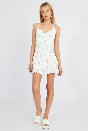 White Floral Ruffle Dress Halter Neck Bouquet Mini dress fun mini Scene Flash