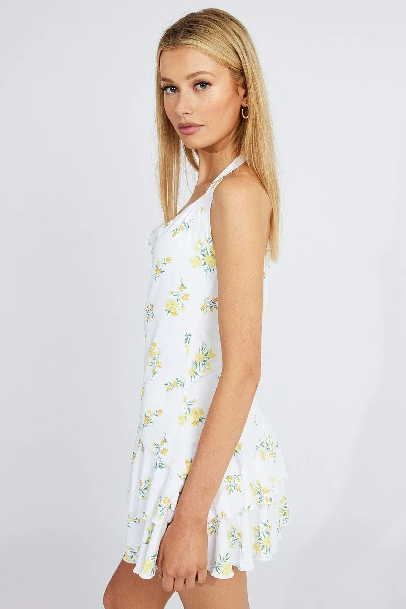 White Floral Ruffle Dress Halter Neck Bouquet Mini dress Trend fresh