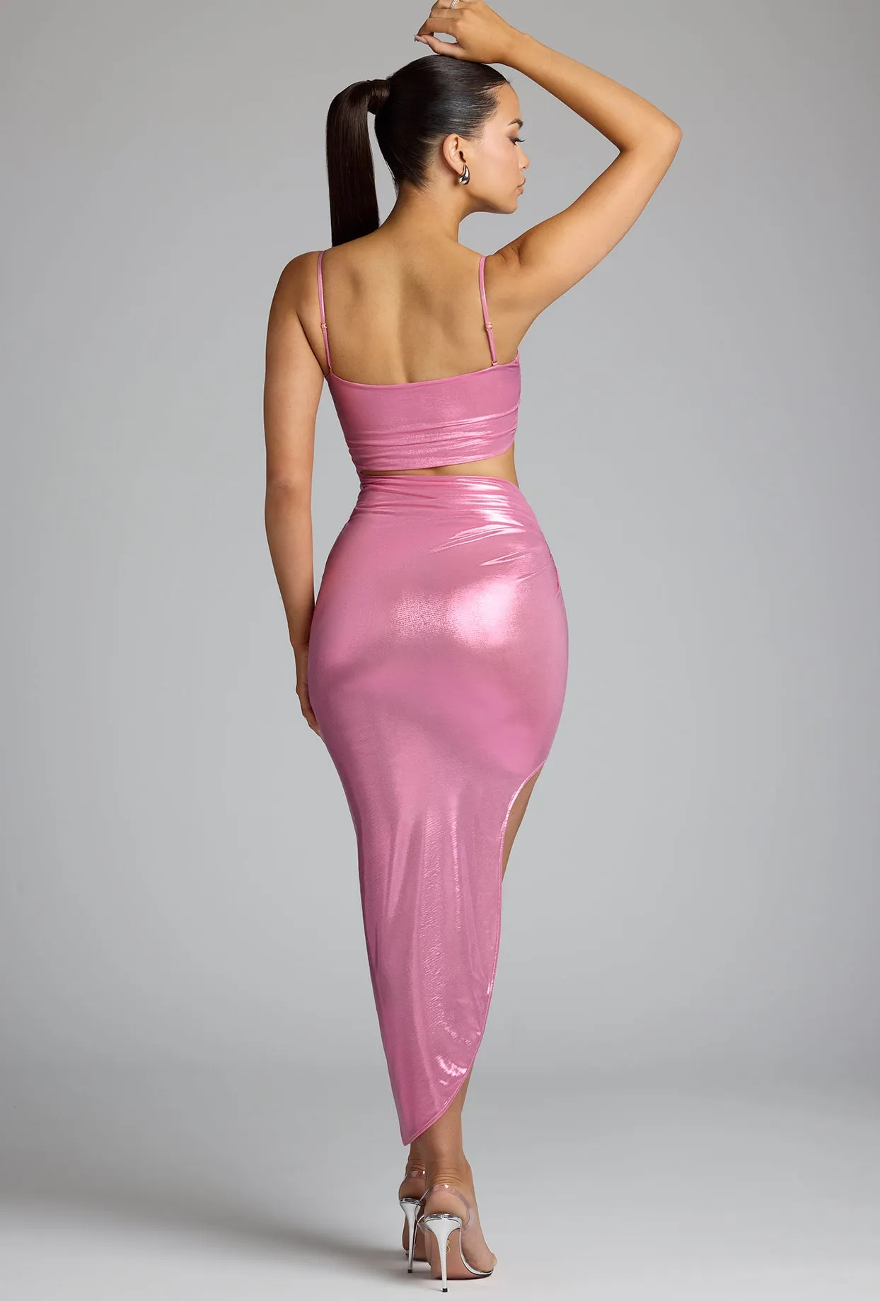 Star Sky Burgundy Deep Draped Metallic Jersey Maxi Dress in Rose Pink