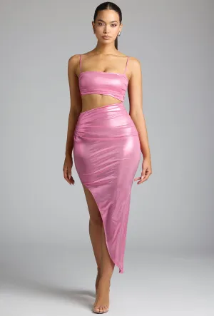 Twill Smooth Draped Metallic Jersey Maxi Dress in Rose Pink