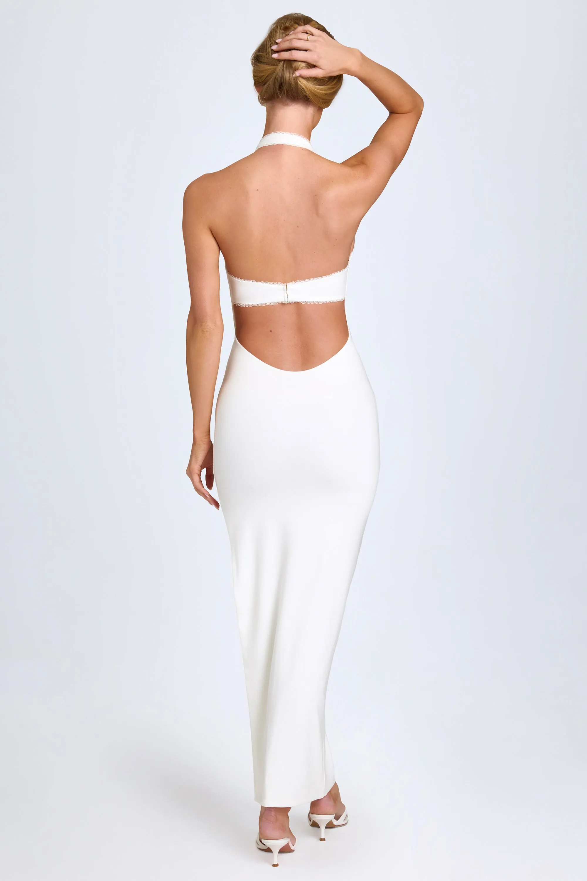 Wall Glow Modal Lace-Trim Halterneck Maxi Dress in White
