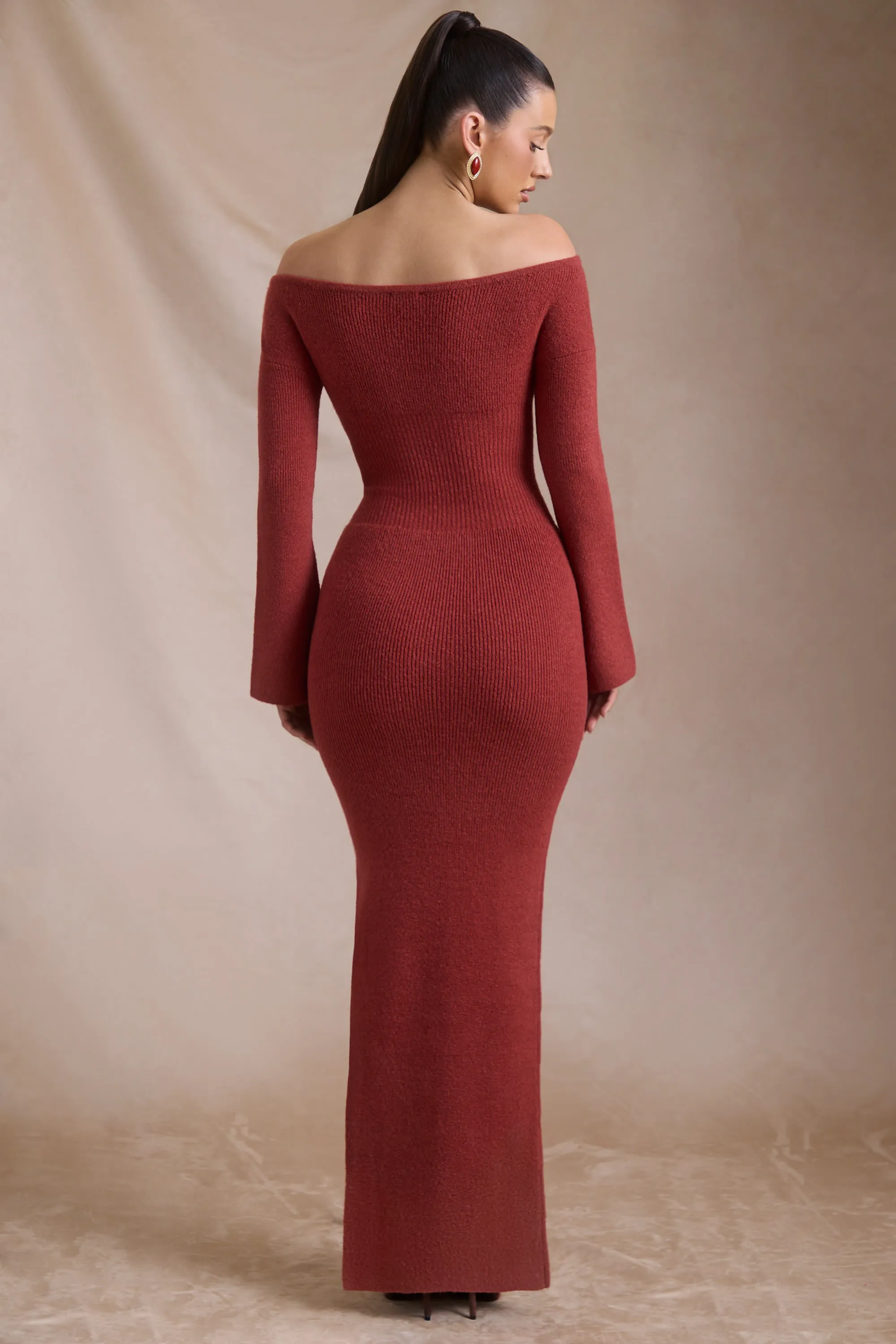 Ribbed-Knit Off-Shoulder Maxi Dress in Brick Red This maxi dress is perfect for creating a chic and polished look without trying too hard Ocean Blue