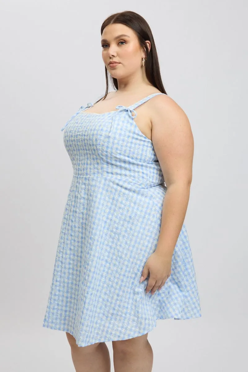 Blue Check Gingham Embroidered Mini Dress Stage Light