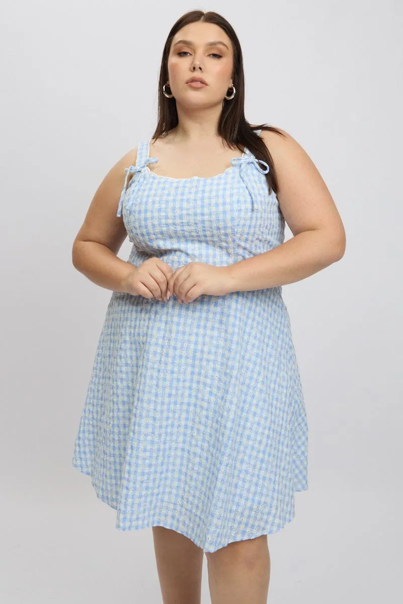 Blue Check Gingham Embroidered Mini Dress Trend Warm Airy Vibe