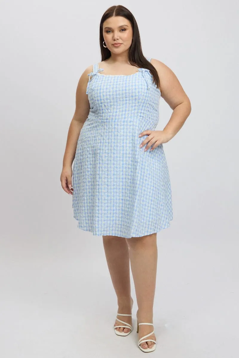 Chic Spirit Hot Style Blue Check Gingham Embroidered Mini Dress