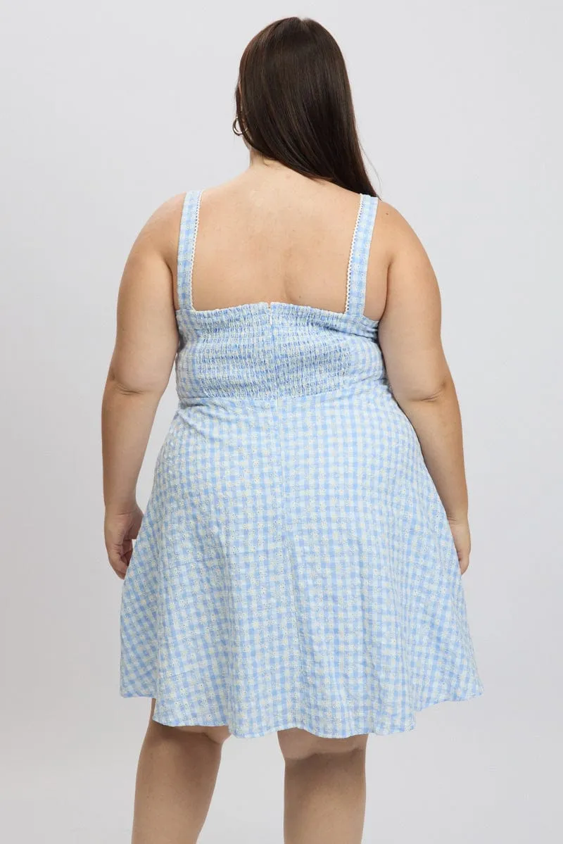 Blue Check Gingham Embroidered Mini Dress Timeless playful piece